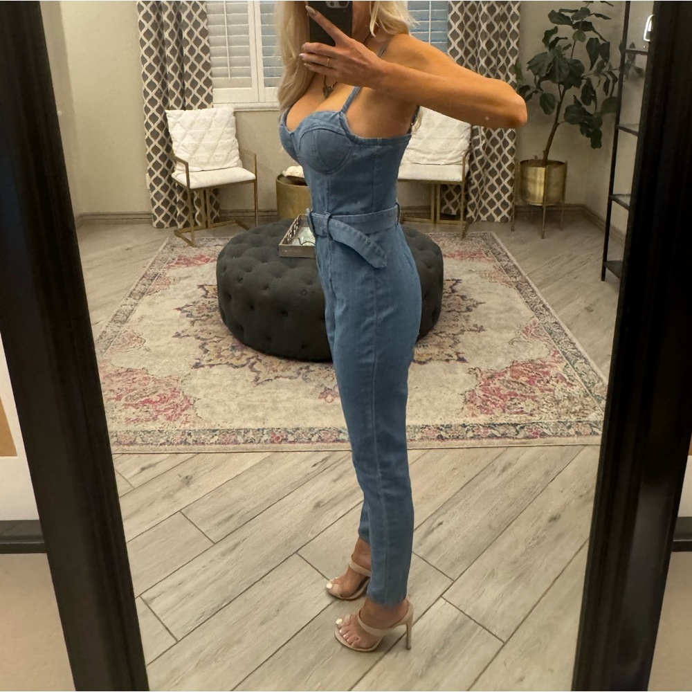 Fitted Denim Corset Jumpsuit with Belt
